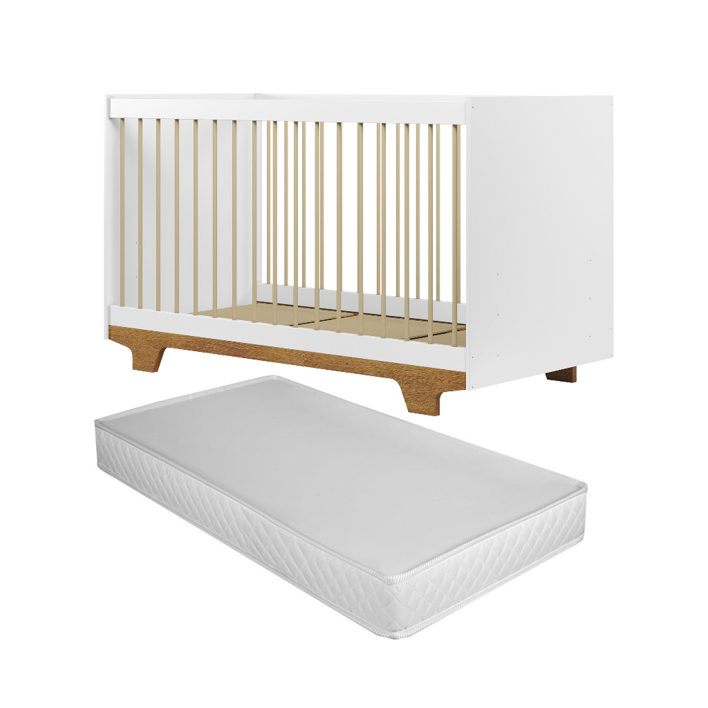 Berço Mini Cama 3 em 1 Moderno Infantil Design Com Colchão e Grade De Proteção Cor Branco/Madeira