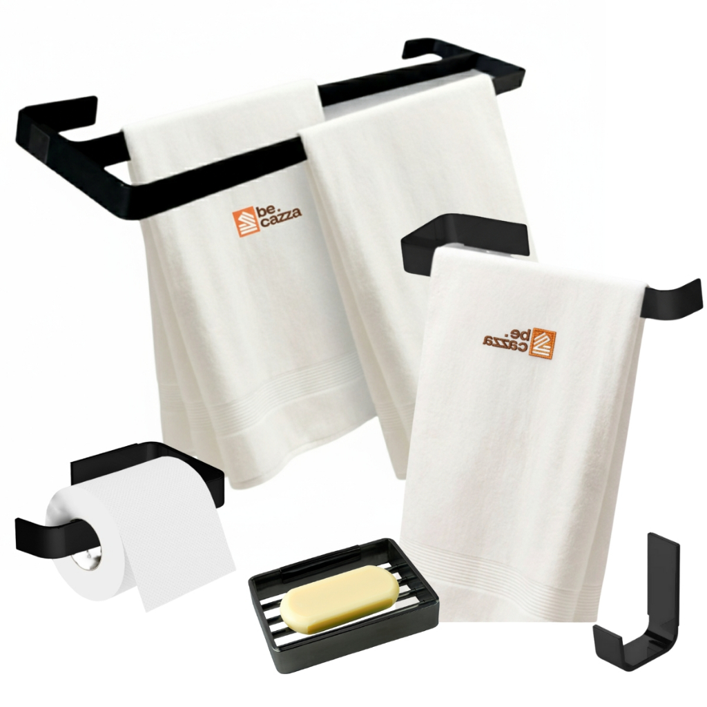 Kit de Banheiro Suporte de Toalhas Duplo Preto Fosco 5 Peças com Saboneteira Lux