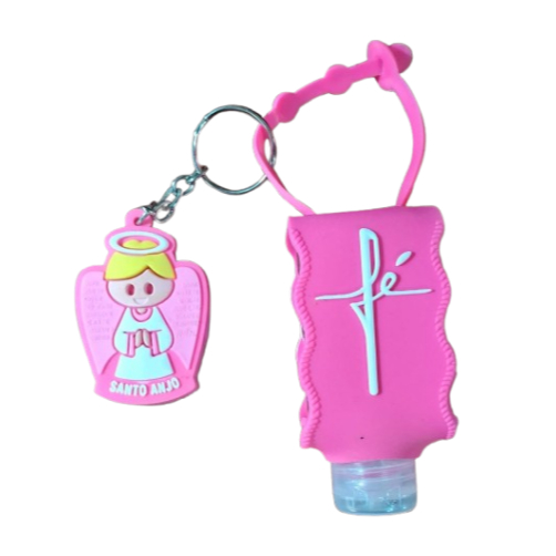 Chaveiro Borracha Santo Anjo Rosa + Porta Gel/Água Benta Rosa