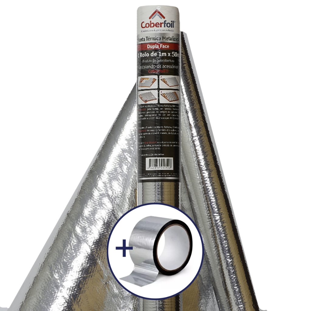 Kit Manta Térmica Dupla Face 1x50m + Fita Metalizada Isolamento Térmico Telhado Calor Telhado Oferta