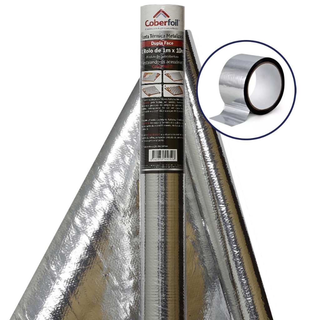Manta Térmica Dupla Face 1x10m + Fita Adesiva Isolante para Telhado Calor Umidade Refrigeração Calor