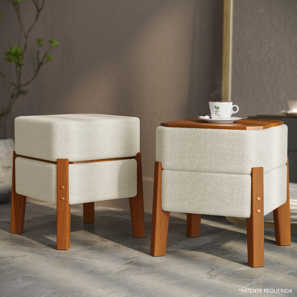 Kit Puff Laís Quadrado Mesinha Moderno Boucle Pés De Madeira