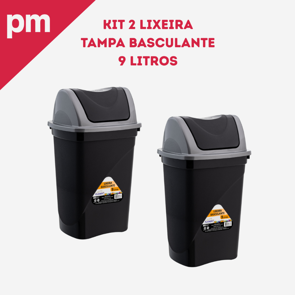 Kit 2 Lixeiras com Tampa Basculante 9L Em Plástico Reforçado Para Banheiros e Cozinhas em Oferta na Shopee