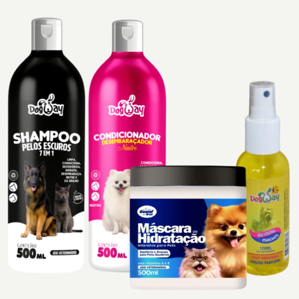 Kit Shampoo Escurecedor 7 Em 1 + Condicionador Desembaraçador de Pelagem + Mascara Hidratação + Perfume Cachorro e Gato