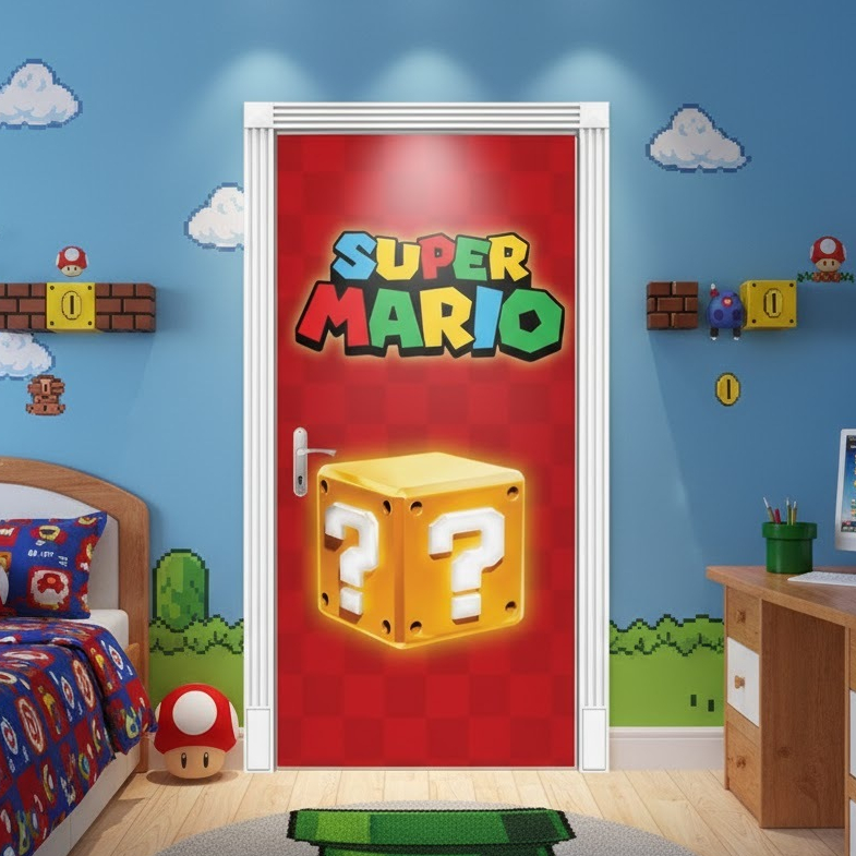 Capa de Porta Decoração Infantil S M@rio para Quarto Sala Tecido Sublimado C/Elástico 0,85x2,1m