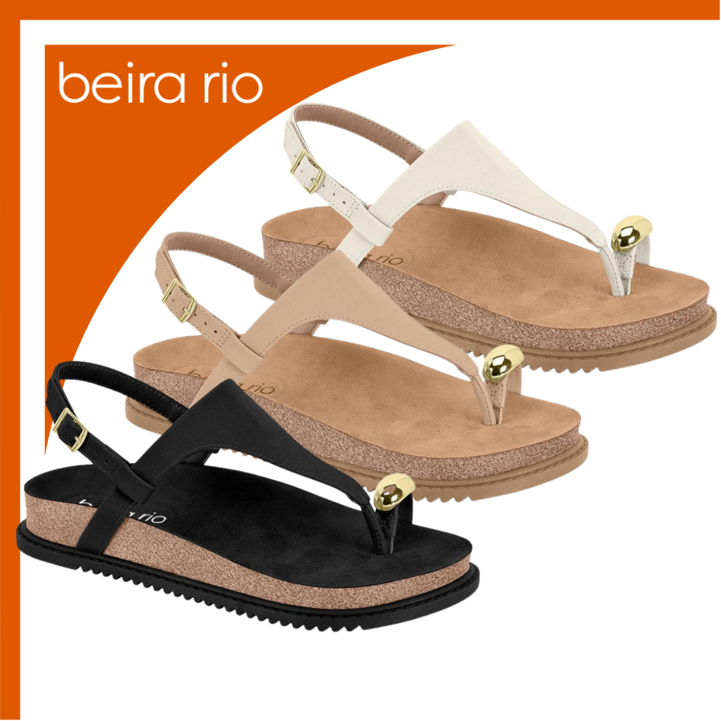 Sandália Feminina Flat Asa Delta Detalhe Dourado Anel de Dedo Beira Rio Papete Confortável Fivela