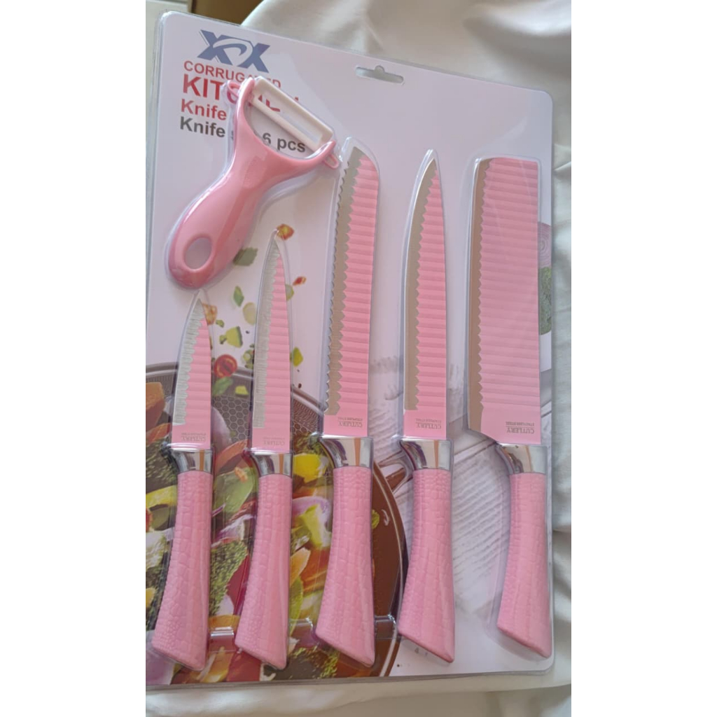 Jogo 06 Peças Faca Cutelo Faca Pao Para legumes Descascador De Legumes Com lamina De Ceramica Rosa