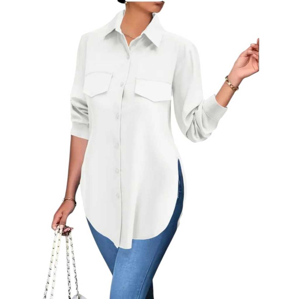 Camisa Social Casual FemininaManga Longa Lisa Moda Basica em Oferta na Shopee