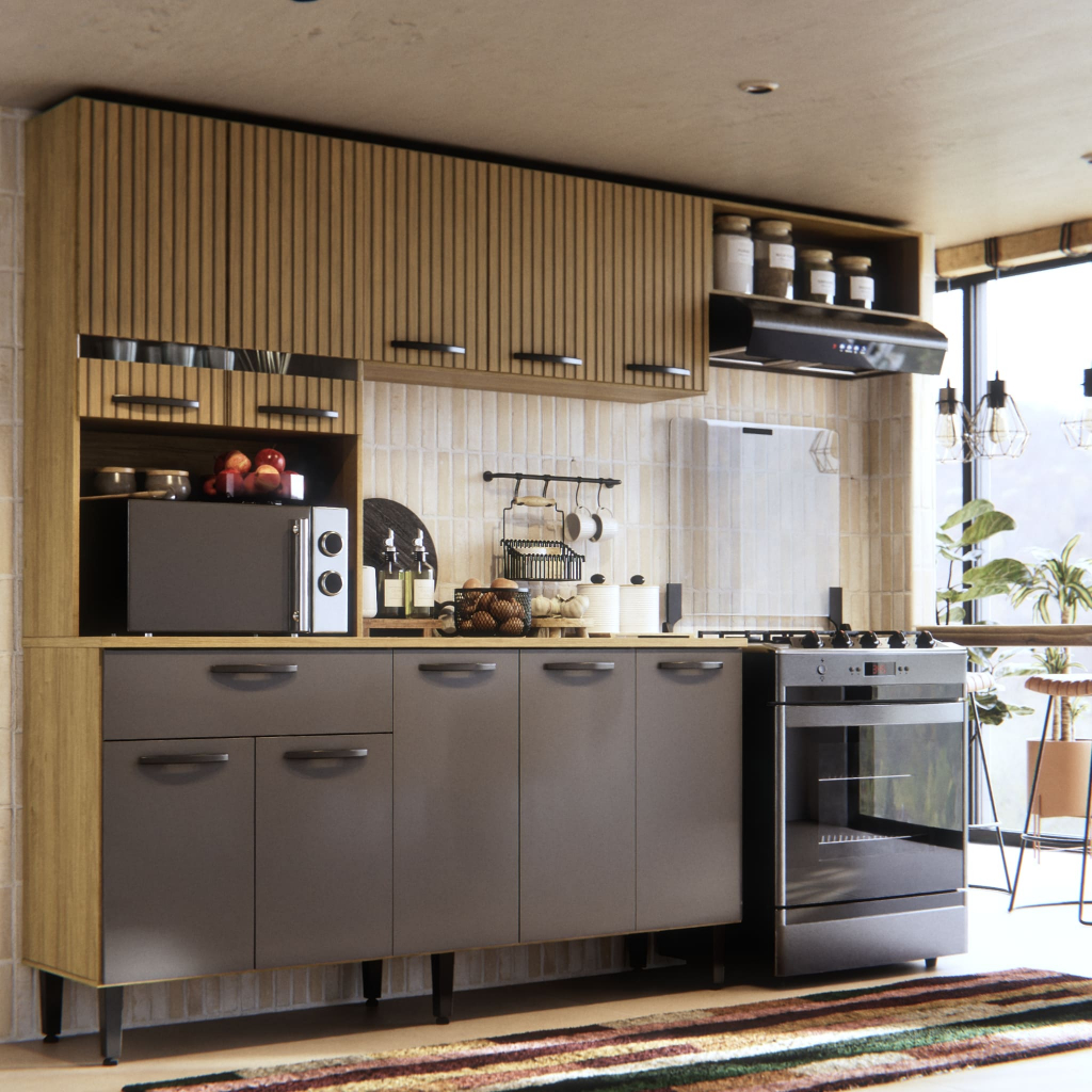 Armário de Cozinha Dora 200cm Damasco Cinza Ripado c/ Balcão + Aéreo Nichos 10 Portas em Oferta na Shopee