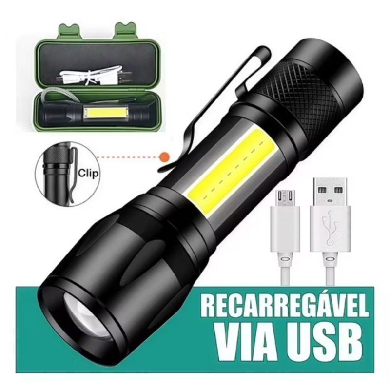 Mini Lanterna Tática com Led e Zoom Potente de Bolso Usb Recarregável