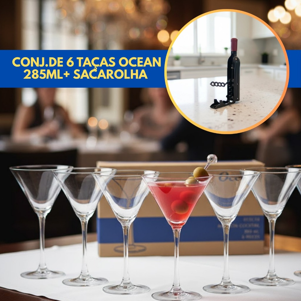 JOGO DE TAÇAS OCEAN DE 285 A 620ML DE VINHO E COQUETEL EM VIDRO CRISTAL COM SACAROLHA GRÁTIS