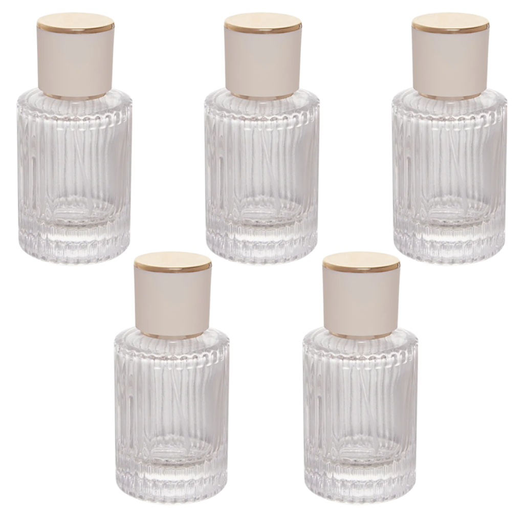 Frasco Para Perfume 50ml Dourado Luxo Válvula Spray Tampa Bege Dourado Frisado Listrado