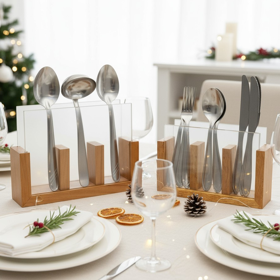 kit Organizador Porta Talher Serviço Suporte Utensilio Cozinha Vidro Madeira Presente