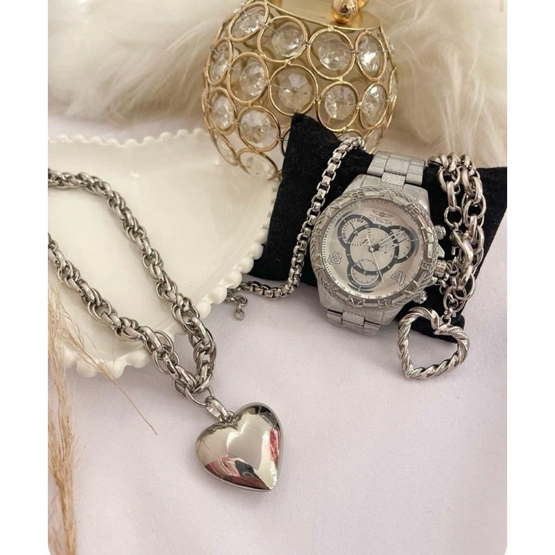 Kit Prata Feminino | Relógio Invicta + Cordão Elo Duplo + Pulseira + Anel | Luxo e Brilho para Natal e Ano Novo