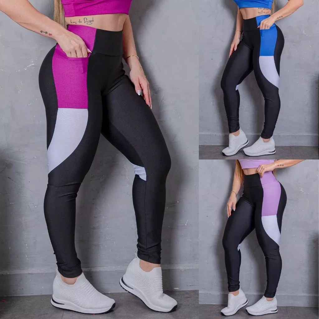 Calça Legging Ginástica Modela Cintura Com Bolsos Laterais Listra Esportiva Treino - Academia - Exercícios — imagem 1