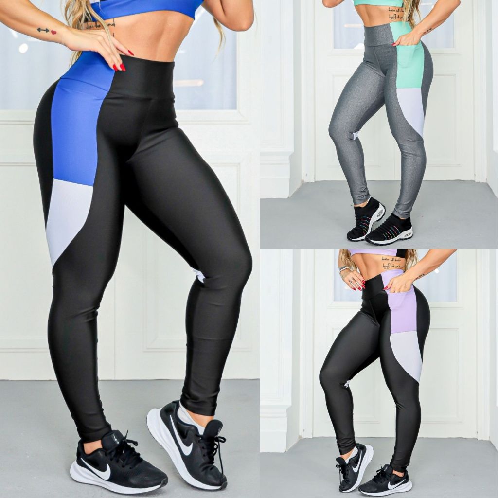 Calça Legging Feminina Academia Suplex com Bolsos Cós Alto e Recortes Coloridos nas Laterais Oferta em Oferta na Shopee