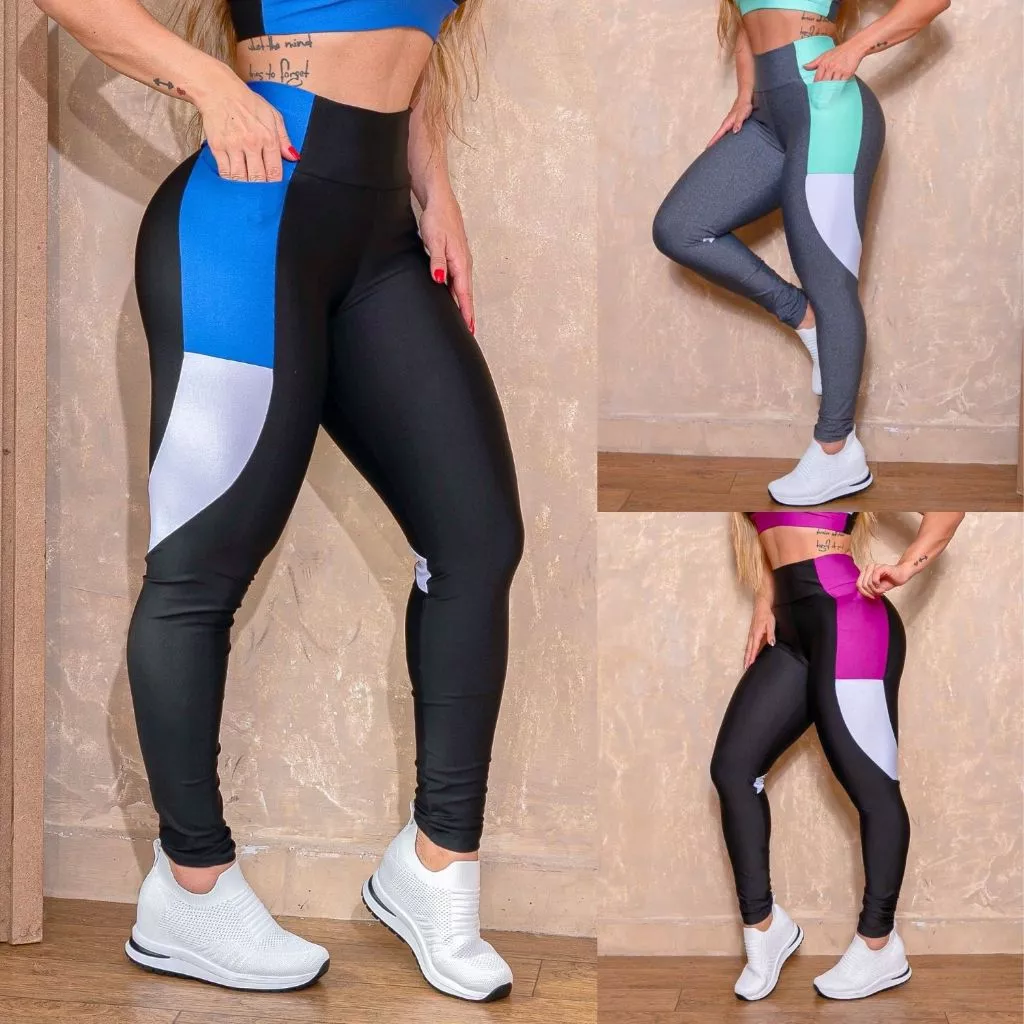 Calça Legging Detalhes Coloridos com Bolsos Laterais para Academia Zero Transparência Suplex Oferta — imagem 1