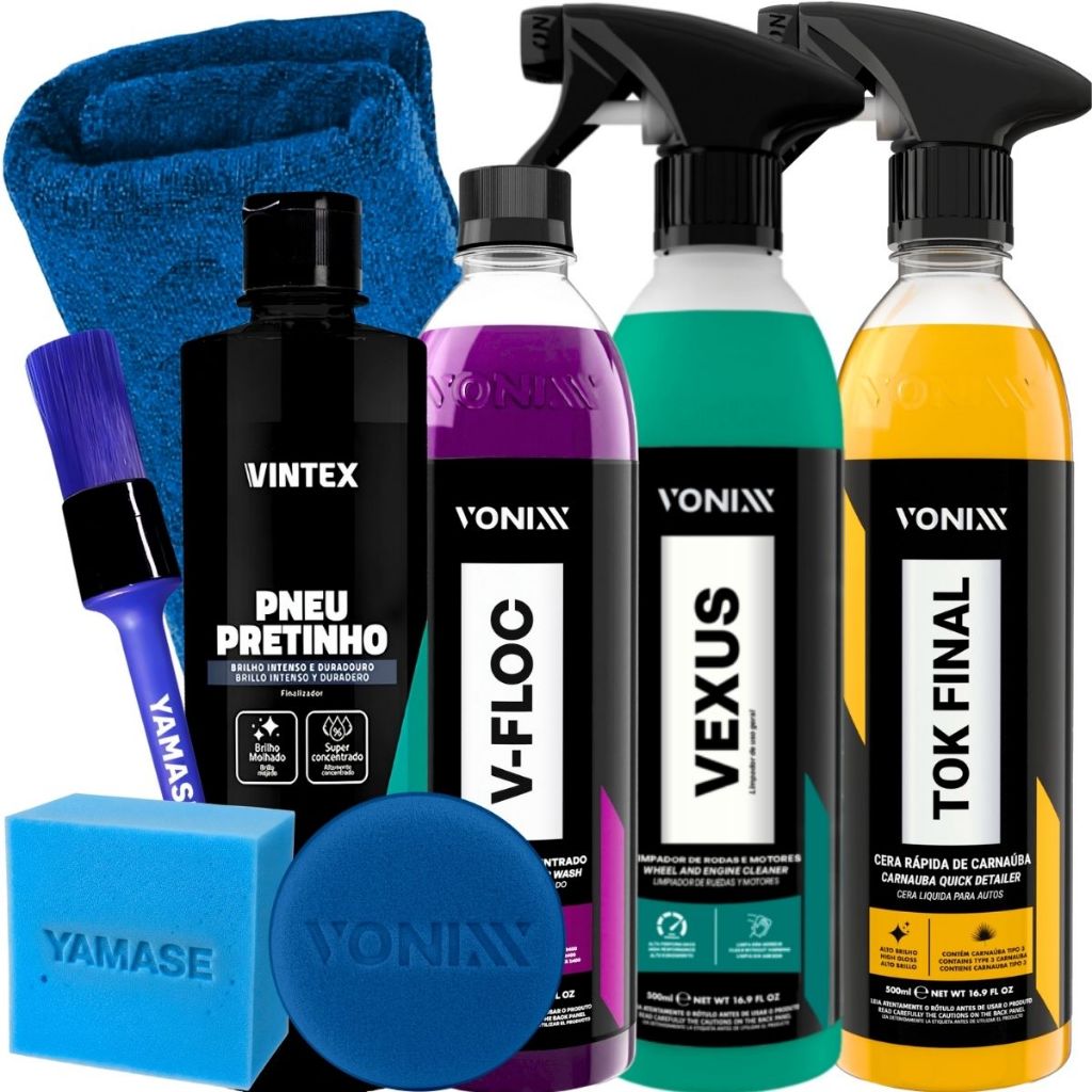 Kit Limpeza Automotiva Shampoo V-Floc Cera de Carnaúba Tok Final Vexus Limpeza Motor Rodas Pneu Pretinho Vintex 500ml em Oferta na Shopee