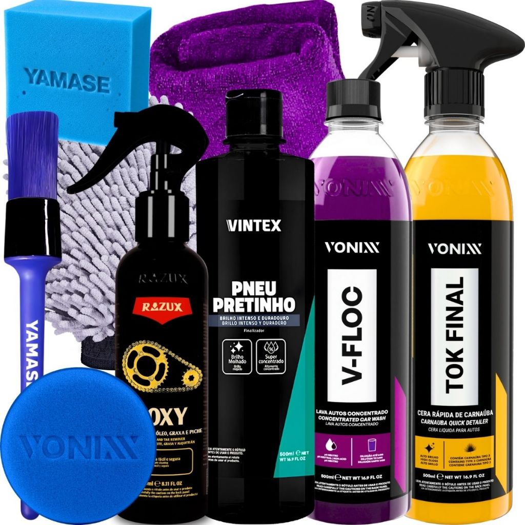 Kit Produto para Lavar Moto Cera Shampoo Pneu Pretinho Foxy Desengraxante Limpador de Corrente Vonixx em Oferta na Shopee