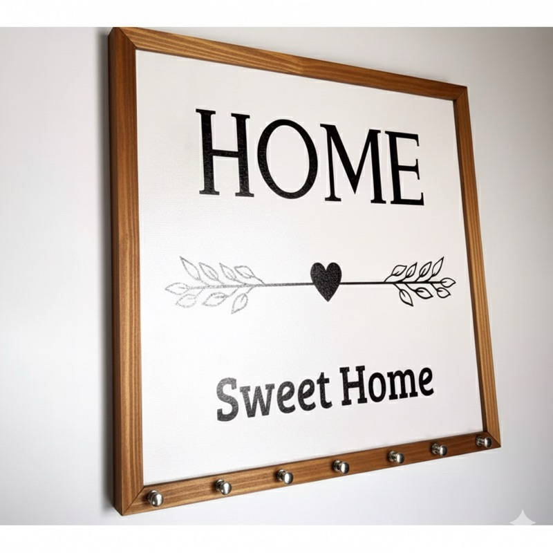 Quadro resina porta chaves quadro de luz 43x43 Home Sweet Home(moldura madeira )coração