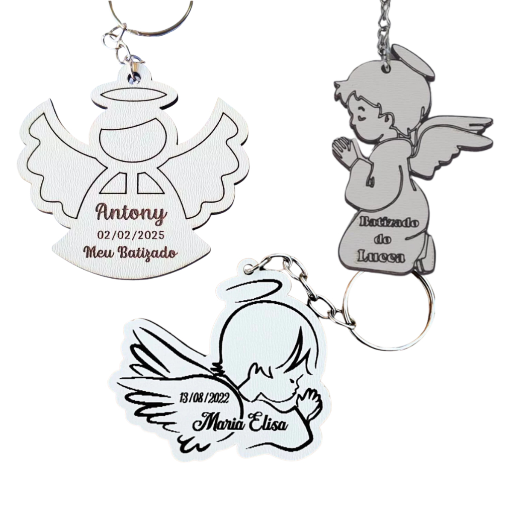 Kit Chaveiro Anjo MDF Personalizado Batizado Lembrancinha Religiosa Brinde Católico 3mm Anjinho