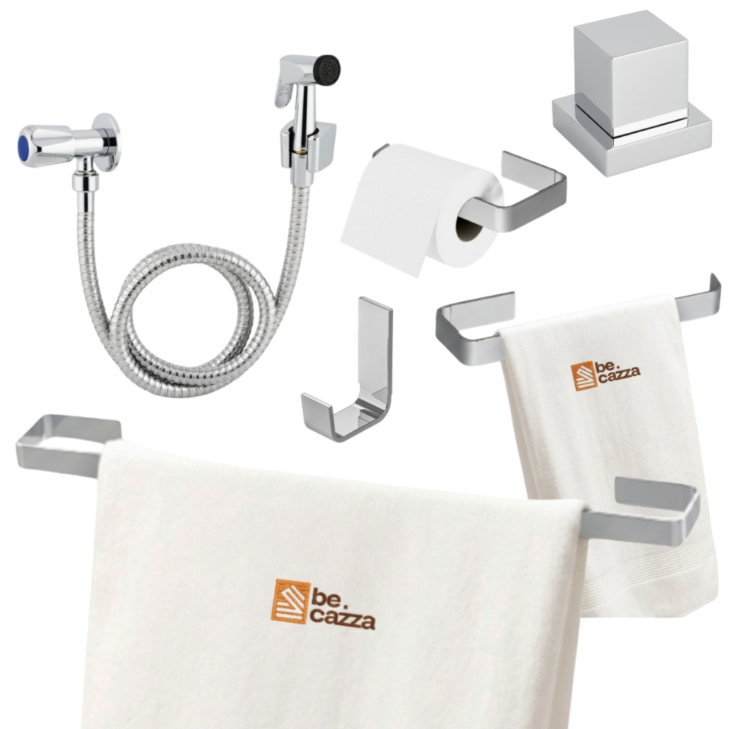 Kit Acessórios de Banheiro Cromado Quadrado + Ducha + Acabamento de Registro Met