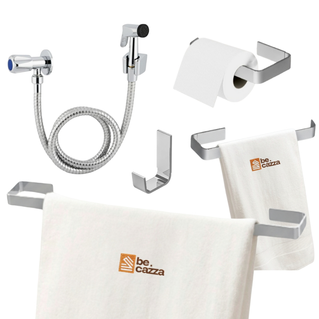 Kit Acessórios Banheiro Cromado Toalheiro de Banho e Rosto+Papeleira+ Gancho + D