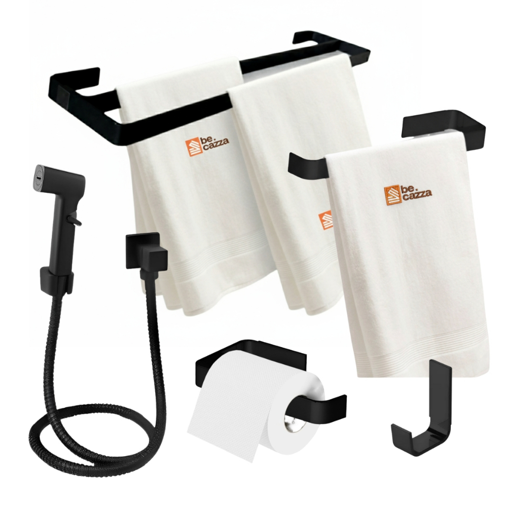 Kit Banheiro Preto Fosco c/ Toalheiro Duplo Casal+Ducha Chuveirinho Higiênico Metal Gatilho Abs Luxo