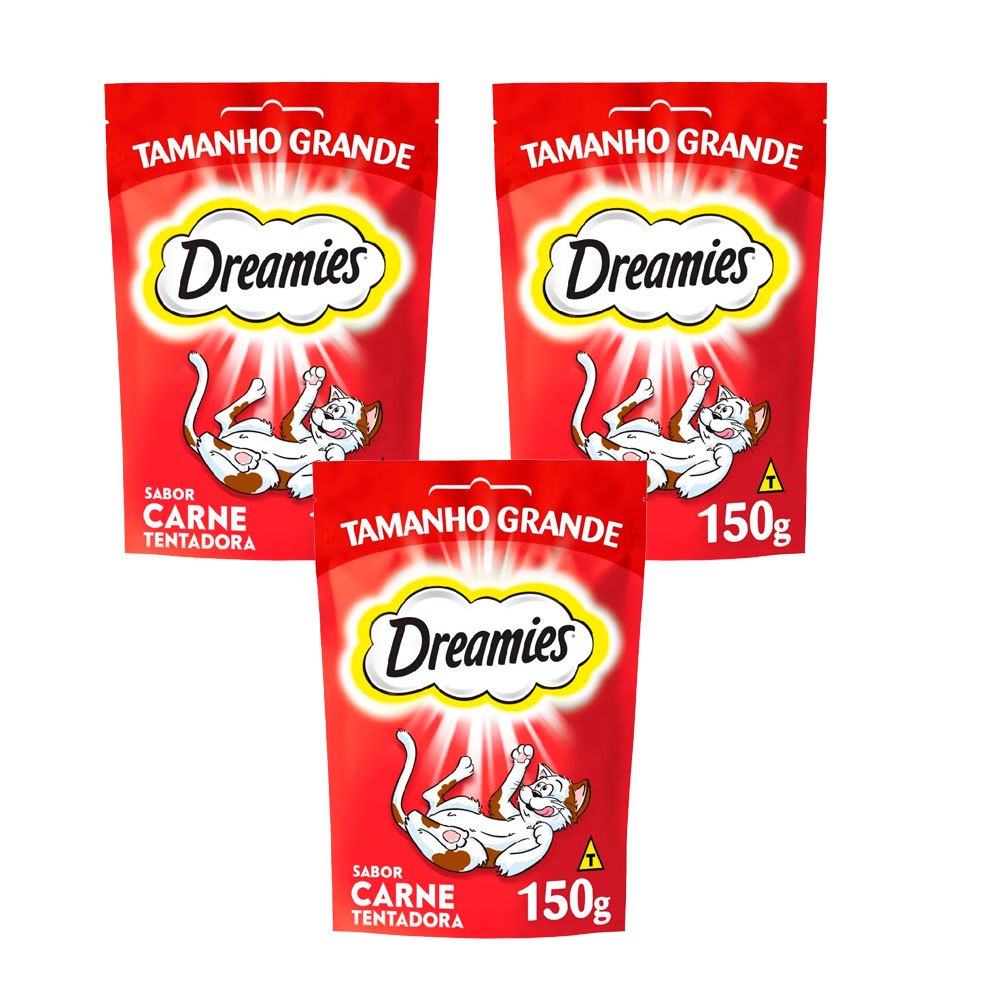 Kit 3un. Petisco Dreamies para Gatos Adultos Carne 150g