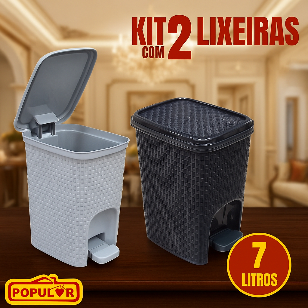 Jogo Rattan para Organização e Limpeza Cesto 50 Litros, Lixeira Pedal 7L, Lixeira Pia 5 Litros