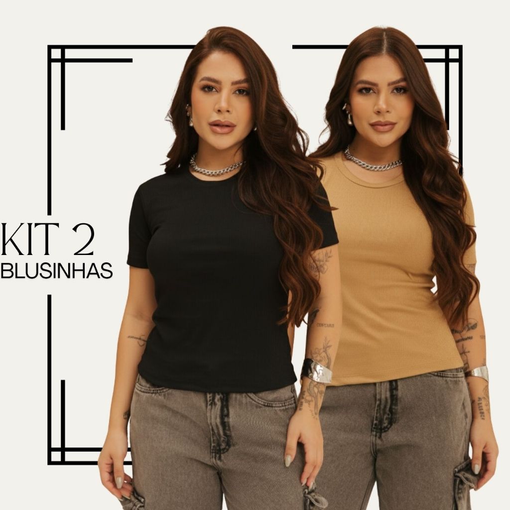 Kit 2 Blusa Feminina Básica Canelada Gola Redonda Manga Curta Tendência Envio Rápido Confortável