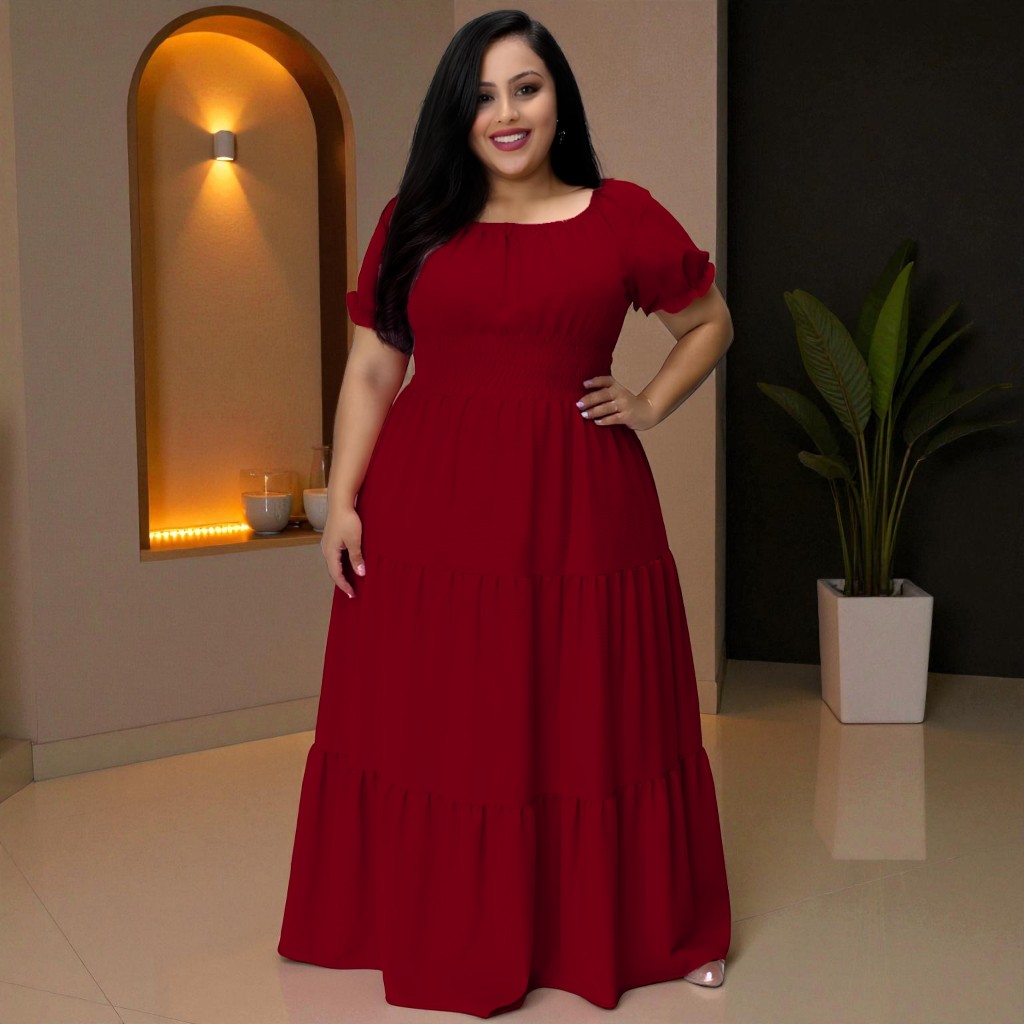 Vestido Longo Plus Size Babados 2 Babados Ciganinha E Lástex