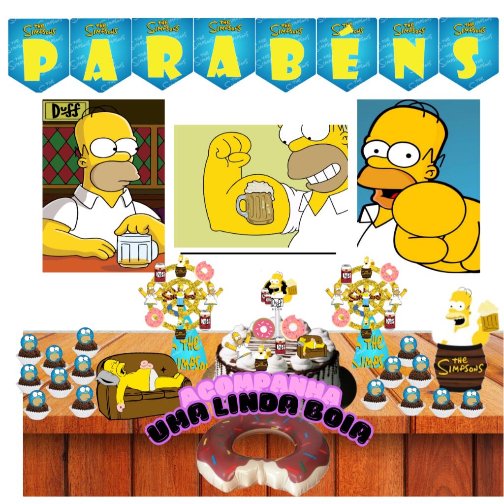 Kit festa em casa tema Homer topo de bolo+1 boia donuts simpson top