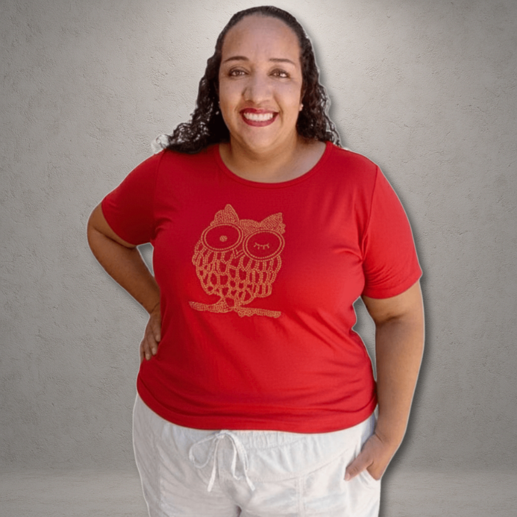 Blusa Plus Size Manga Curta Feminina 40 ao 64 (M ao G10) Camisa Com Pedraria Corujinha MALHAS ITA