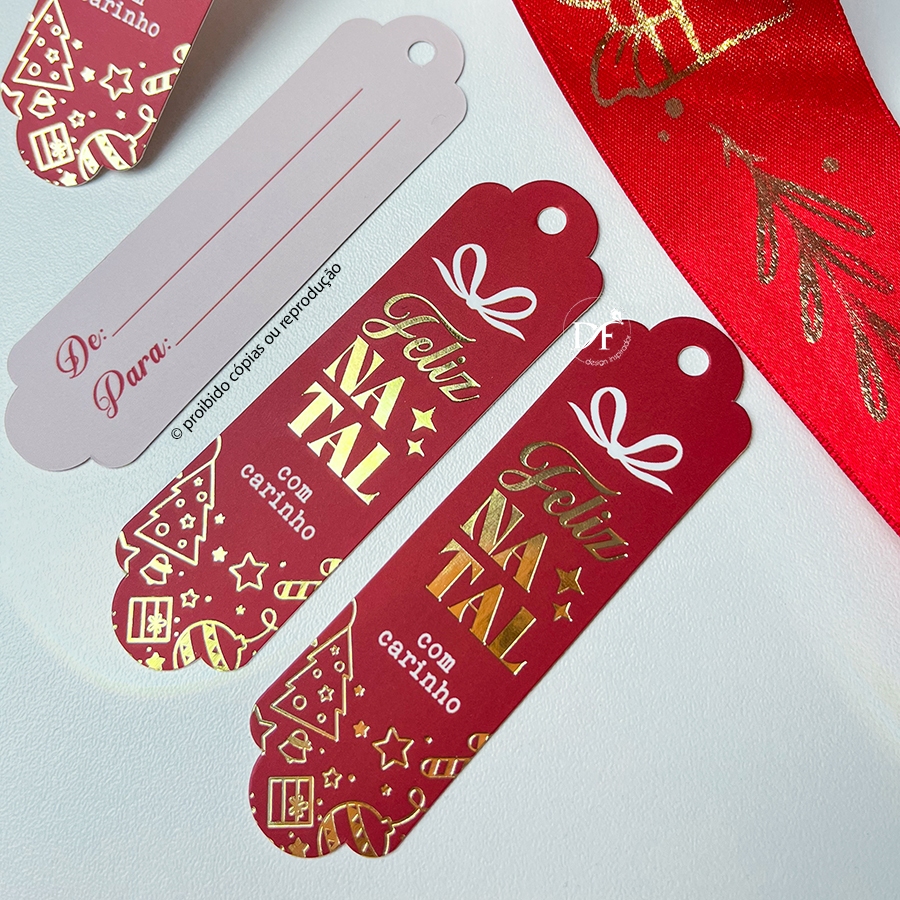 Tag Palito Feliz Natal com Hotstamping para presentes e embalagem | 9x2,5cm — imagem 2 de 2