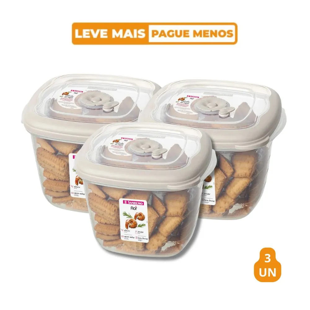 Kit 3 Potes Plásticos Quadrados Herméticos Capuccino 1,6L Flor Sanremo