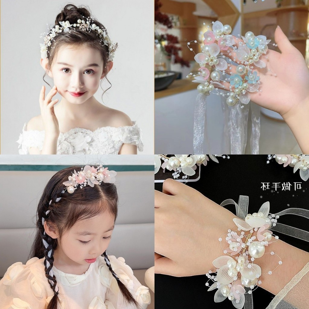 Tiara Infantil com Pérolas e Flores 2 em 1 – Pulseira e Acessório de Cabelo para Festa, Daminha e Princesa