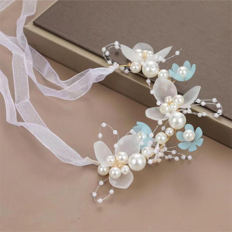 Tiara e Pulseira Infantil de Pérolas e Flores – Acessório de Princesa 2 em 1 Cor Azul