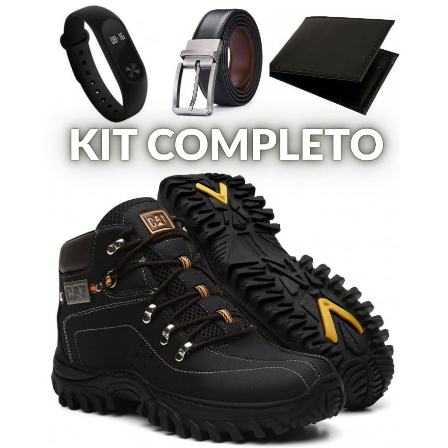 Bota Masculina Caterpillar Em Couro Resistente + Carteira + Relogio + Cinto