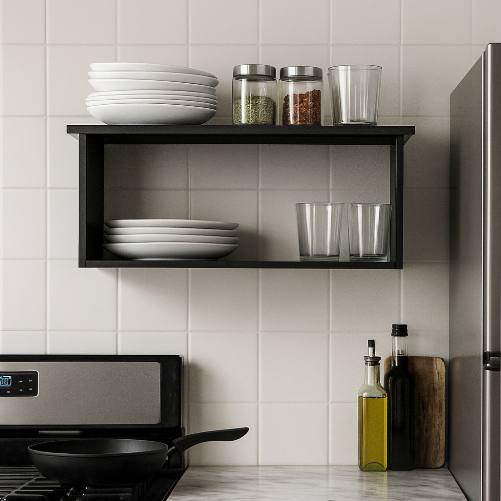 Organizador Flutuante Parede 1 Porta Basculante Preto Cozinha Área Serviço Nicho MDP Compacto