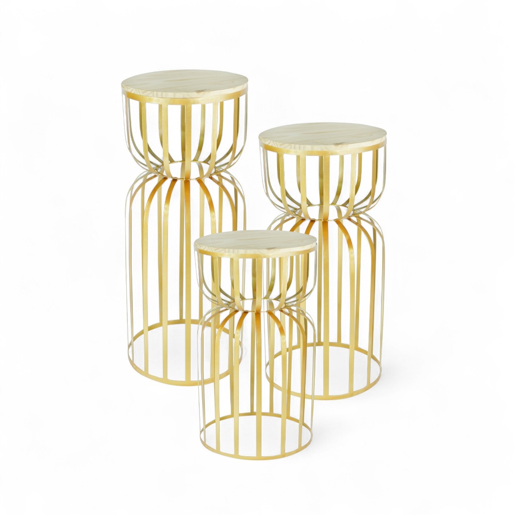 Kit Trio 3 Mesas Redonda Cilindro Ampulheta Desmontável Ferro com Tampo Madeira Pegue Monte Festas em Oferta na Shopee