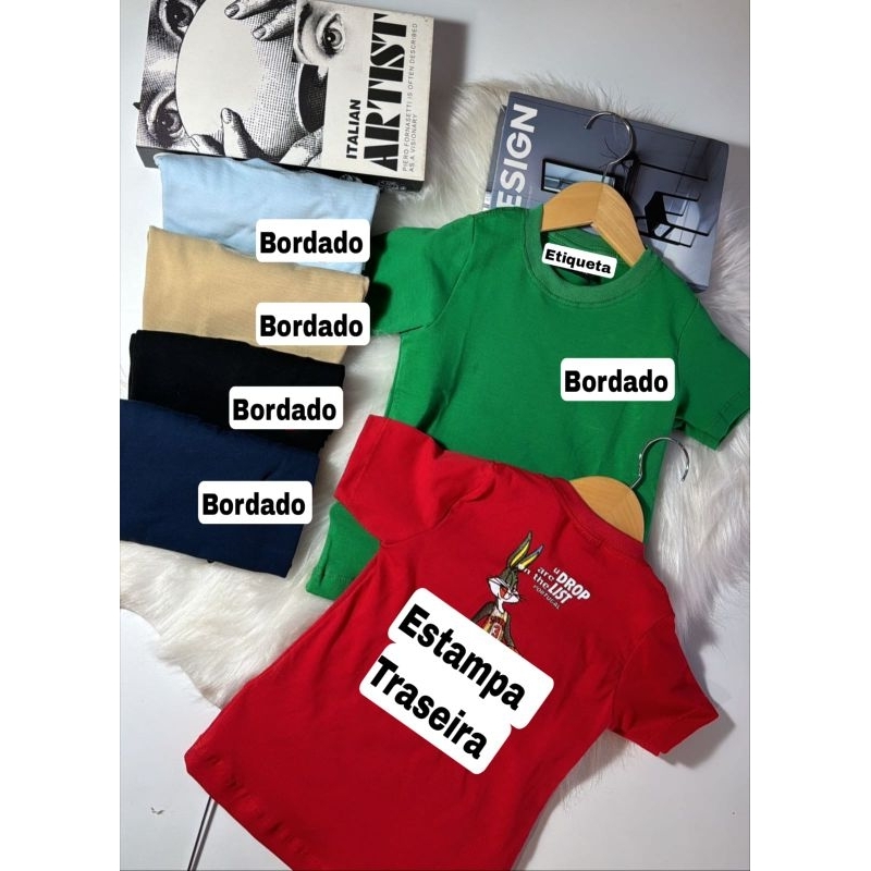 Camiseta Infantil Menino Malha Peruana com Bordado e Estampa Traseira *** LEIA O ANÚNCIO ATÉ O FINAL***