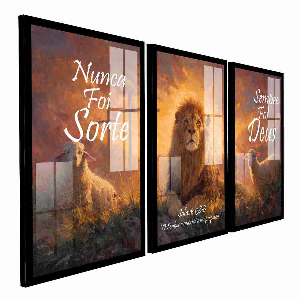 Quadro Decorativo Leão de Judá Cordeiro Natureza Religioso Nunca Foi Sorte Sempre Foi Deus Sala