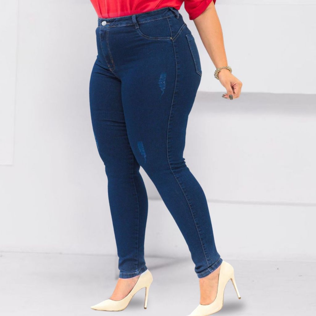 Calça Jeans Feminina Skinny Plus Size  Cós Alto com Detalhe Lateral Tecido Encorpado com Lycra em Oferta na Shopee