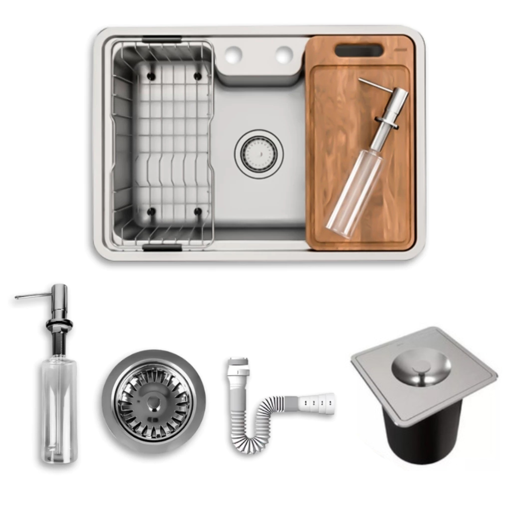 Cuba DocolMassima 64 x 44 cm Embutir/Sobrepor Inox 304 Escovado + Lixeira + Tábua + Cesto + Sifão em Oferta na Shopee