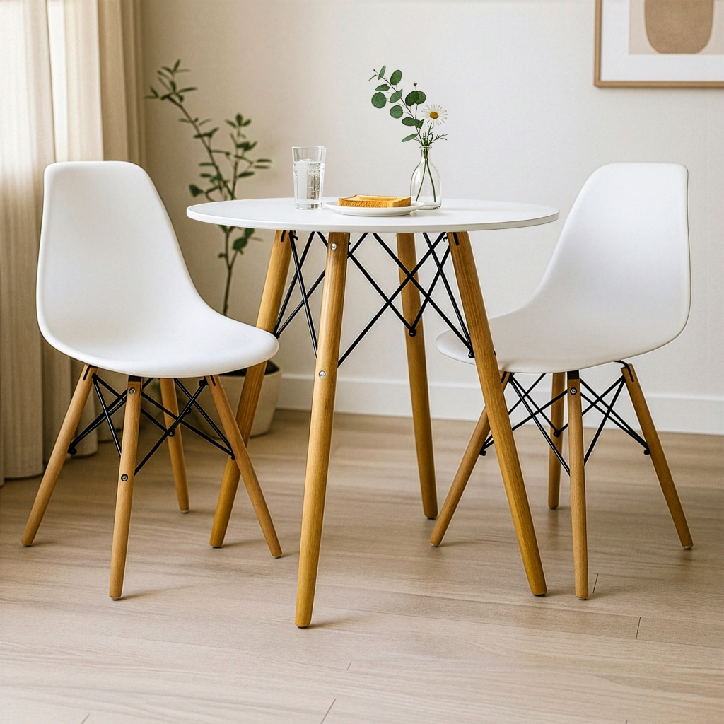 Mesa Eiffel Redonda Branca 70 Cm MDF + 2 Cadeira Eames Eiffel