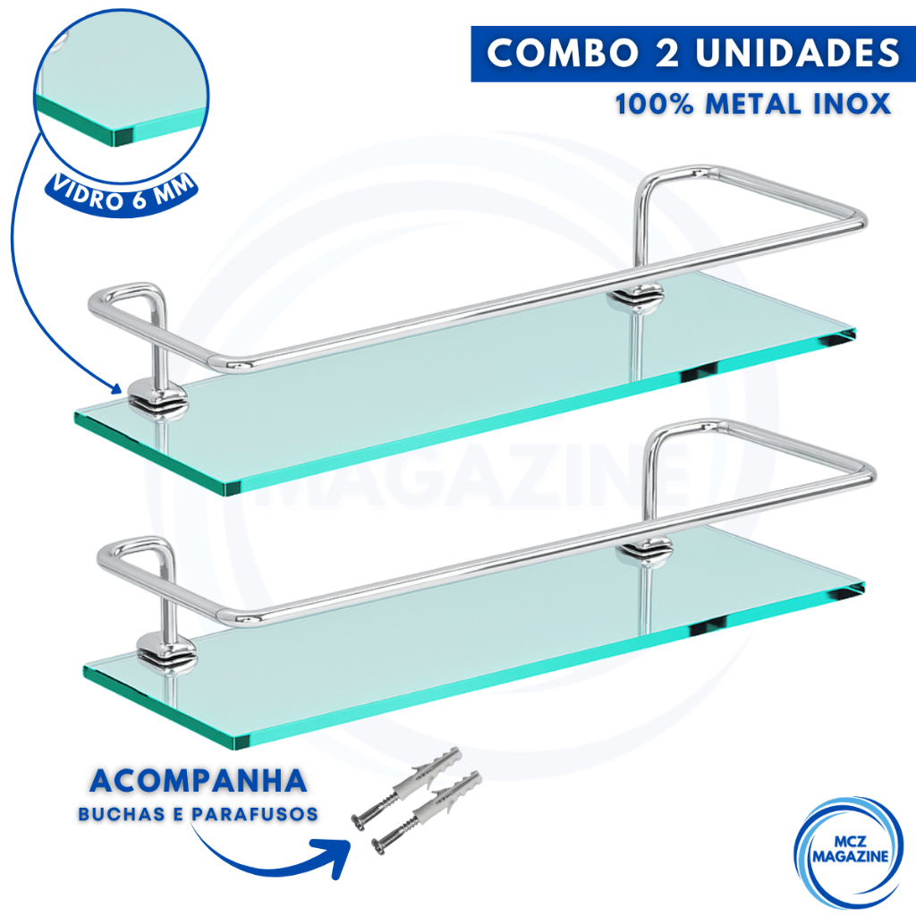 Kit 02 Porta Shampoo Suporte De Banheiro Shampoo Reto Vidro 6mm Kit 02 Porta Shampoo Suporte De Banheiro Shampoo Reto Vidro 6mm