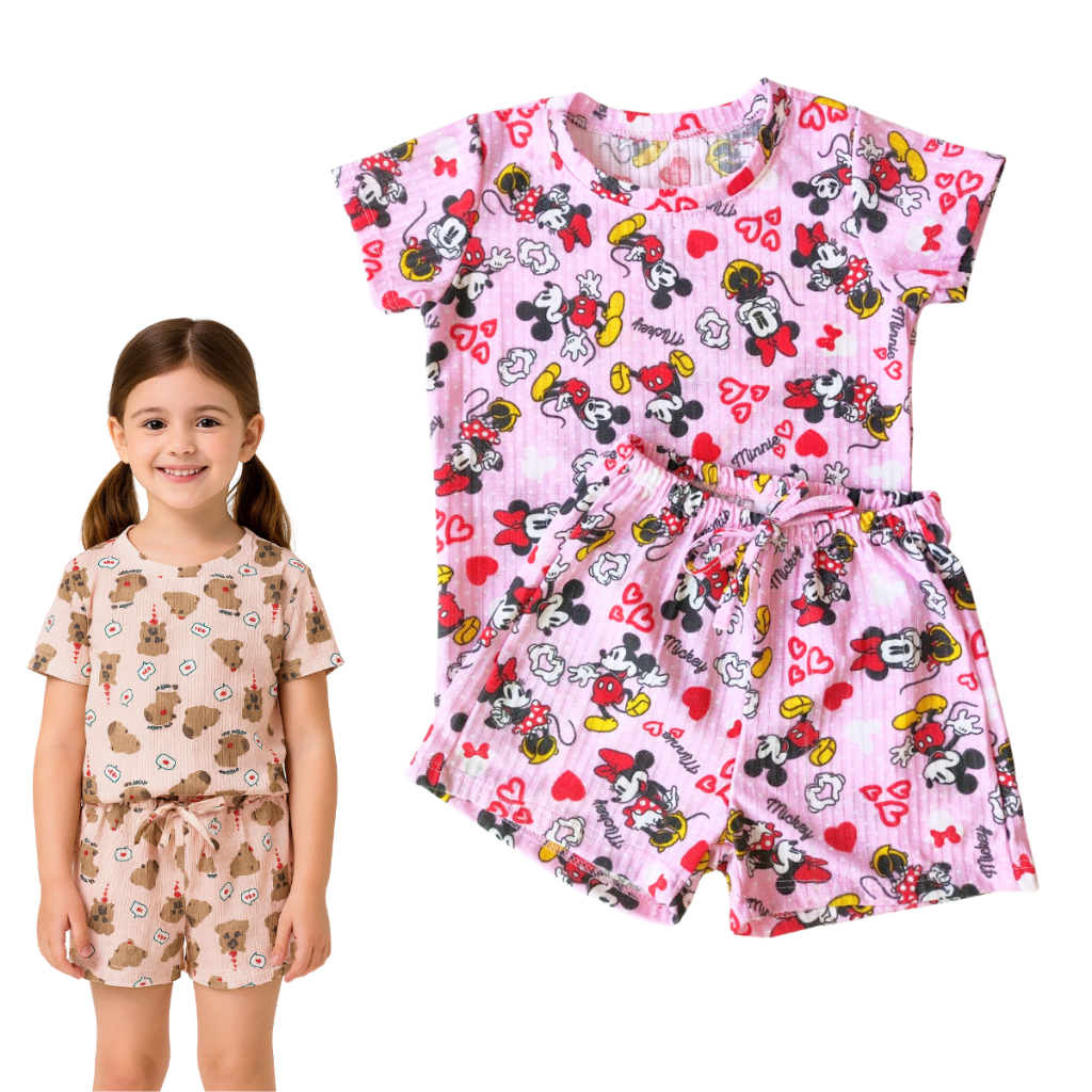 Kit 2 Conjuntos Estampado Menina Camiseta e Short 100% Algodão Roupa de bebe infantil verão