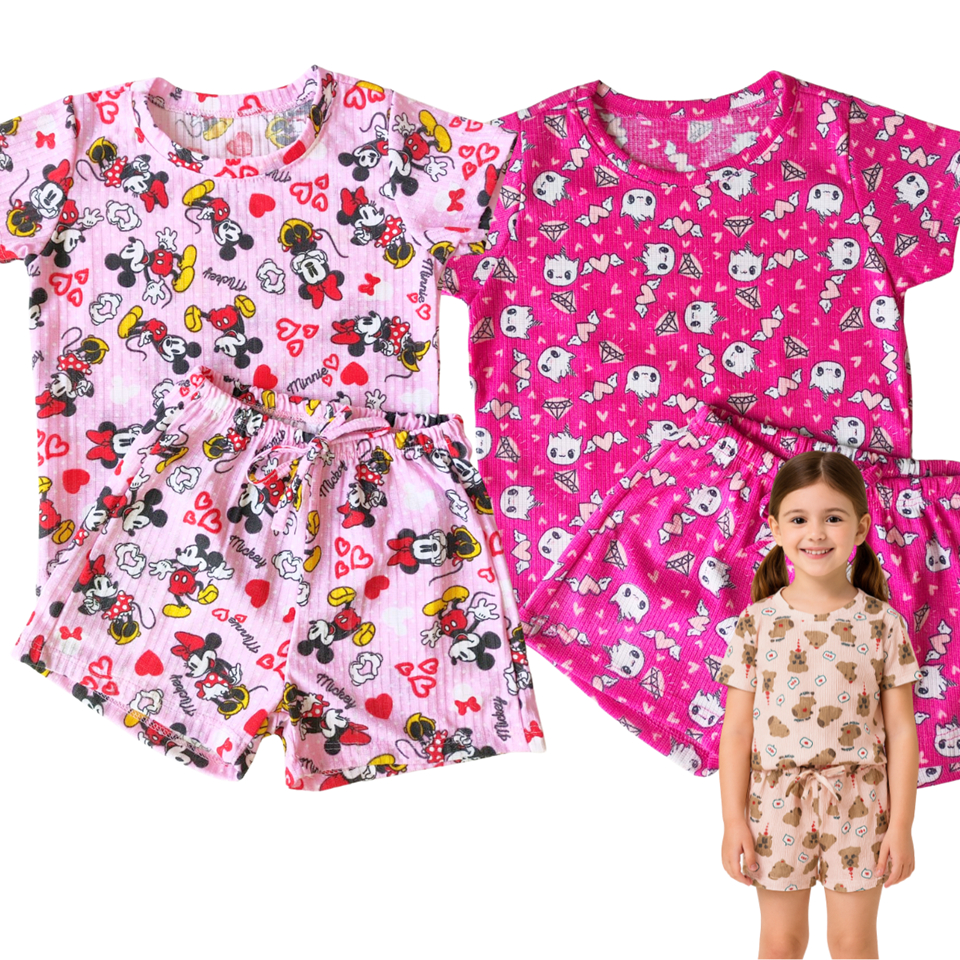 Roupa Infantil Conjunto Menina 100% Algodão Camiseta e Short Estampado Verão Confortável