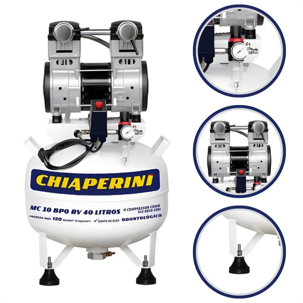 Compressor Ar Odontológico 40 Litros 10 Pés 2Hp Chiaperini Profissional 120 Libras Isento Óleo Seco